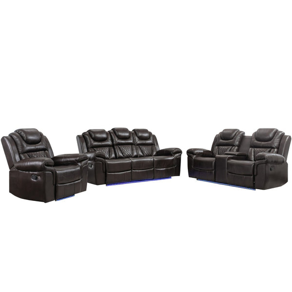 English Elm 3 Piece Faux Leather Manual Reclining Sofa Set with Led Base and Console SG001132AAD
