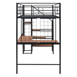English Elm Twin Metal Loft Bed with Desk, Ladder Shelves and Under-Wardrobe for Space-Saving Study & Storage, Sturdy Frame Black SF000023AAB
