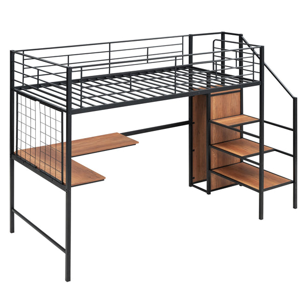 English Elm Twin Metal Loft Bed with Desk, Ladder Shelves and Under-Wardrobe for Space-Saving Study & Storage, Sturdy Frame Black SF000023AAB