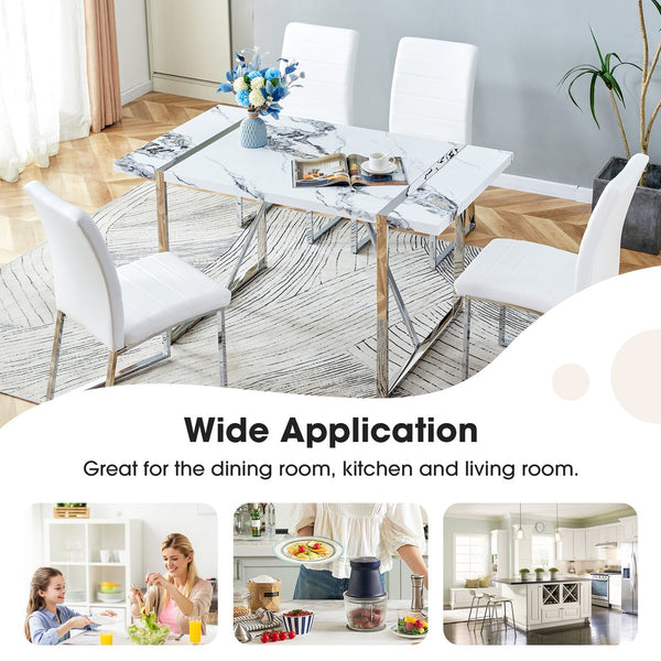 English Elm Modern 55" Faux Marble Dining Table for 4 - Rectangular MDF Top, Steel Legs, 300lb Capacity, Easy 30-Min Assembly, White Silver Finish WF312268AAK