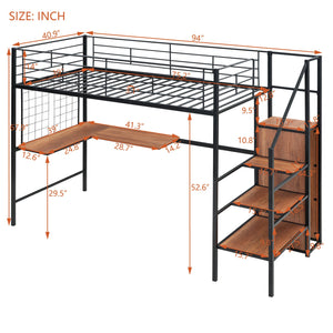 English Elm Twin Metal Loft Bed with Desk, Ladder Shelves and Under-Wardrobe for Space-Saving Study & Storage, Sturdy Frame Black SF000023AAB