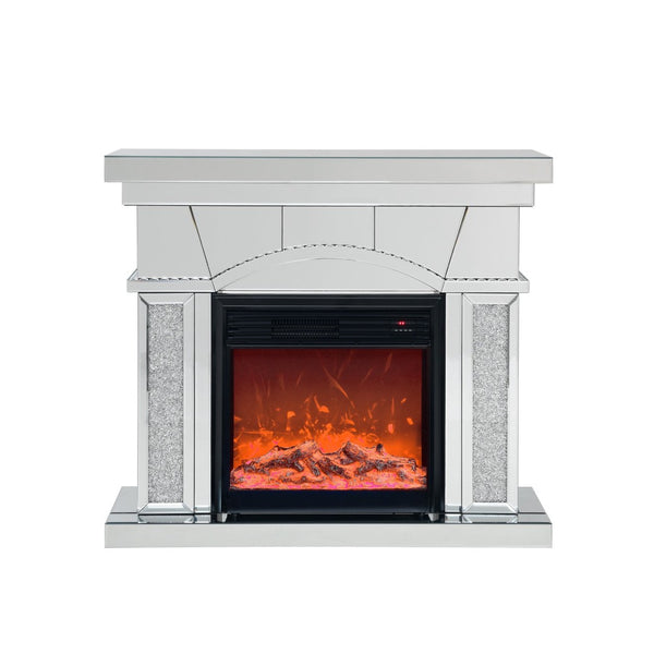 English Elm W Mirrored Acrylic Electric Fireplace Console with Crystal Accents and Led Flame W1005S00003