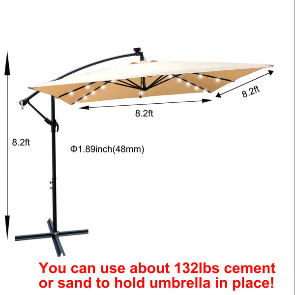 English Elm Square Solar Led Patio Umbrella Upf 40 Polyester Canopy with Crank Lift Wind Vent Tan W656127036
