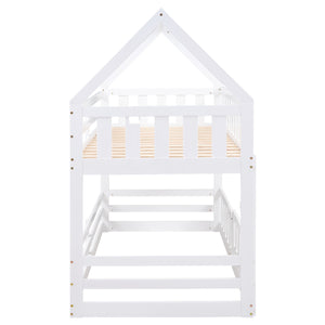 English Elm Twin House Bunk Bed with Fence and Door — Pine Wood Low-Profile Design, Sturdy Ladder & Cozy Play Space White WF313047AAK