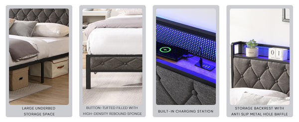 English Elm King Upholstered Platform Bed with LED Headboard, USB Type-C Charging & Hidden Shelf, Noise-Free Support W1916124806