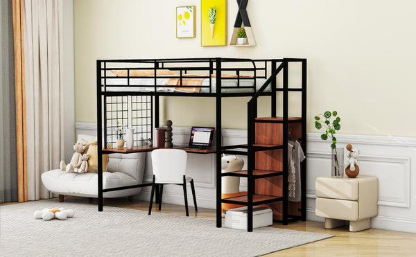 English Elm Twin Metal Loft Bed with Desk, Ladder Shelves and Under-Wardrobe for Space-Saving Study & Storage, Sturdy Frame Black SF000023AAB