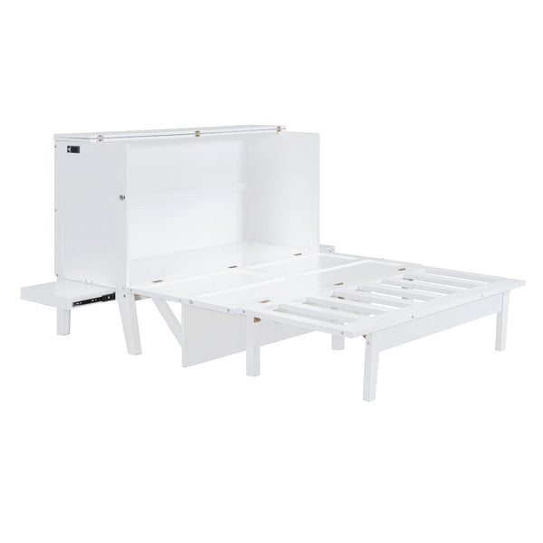 English Elm Queen Murphy Wall Bed with Usb Charging Pine Wood Cabinet for Studio Apartments White LP001661AAK