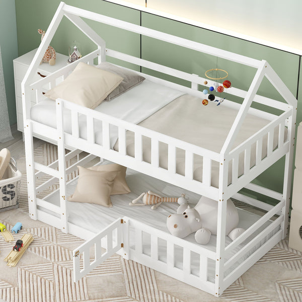 English Elm Twin House Bunk Bed with Fence and Door — Pine Wood Low-Profile Design, Sturdy Ladder & Cozy Play Space White WF313047AAK
