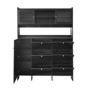 English Elm Black Hall Tree Foyer Cabinet Flip Shoe Storage Tempered Glass Hooks Shelf SD000028AAB