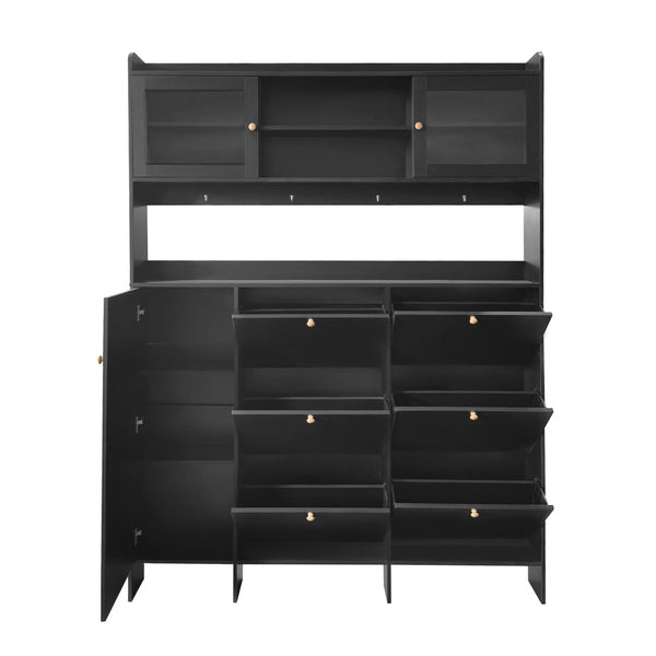 English Elm Black Hall Tree Foyer Cabinet Flip Shoe Storage Tempered Glass Hooks Shelf SD000028AAB