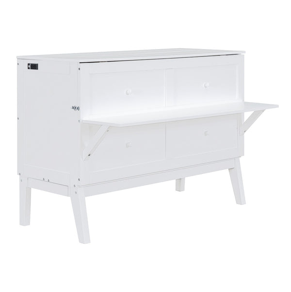 English Elm Queen Murphy Wall Bed with Usb Charging Pine Wood Cabinet for Studio Apartments White LP001661AAK