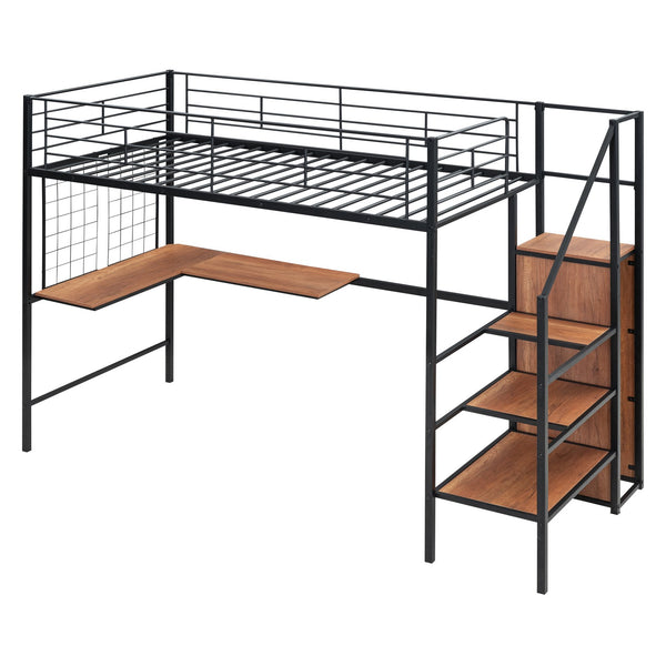 English Elm Twin Metal Loft Bed with Desk, Ladder Shelves and Under-Wardrobe for Space-Saving Study & Storage, Sturdy Frame Black SF000023AAB