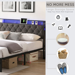 English Elm King Upholstered Platform Bed with LED Headboard, USB Type-C Charging & Hidden Shelf, Noise-Free Support W1916124806
