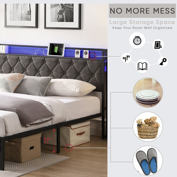 English Elm King Upholstered Platform Bed with LED Headboard, USB Type-C Charging & Hidden Shelf, Noise-Free Support W1916124806