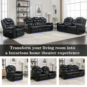 English Elm Home Theater Manual Reclining Loveseat Faux Leather with Led Lighting and Storage Console Black WF310726AAB