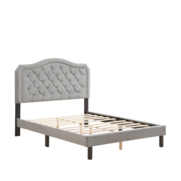 English Elm Upholstered Queen Platform Bed Gray Velvet with Button Tufted Curved Headboard, Sturdy 600LB Slats W2297140924