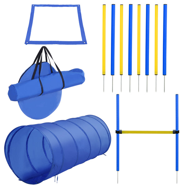 English Elm 4PC Dog Agility Training Set - Adjustable Jump, Tunnel, Pause Box & Weave Poles with Stakes, Durable Nylon W2225141107