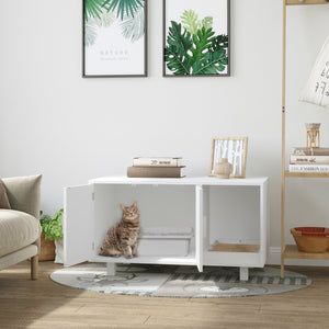 English Elm Wooden Hidden Cat Litter Box & End Table with Scratcher, Magnetic Doors, Storage Cabinet White W2225141101