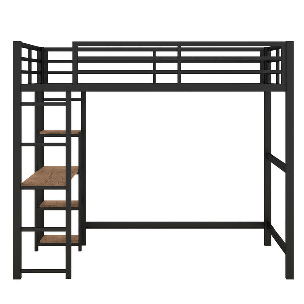English Elm Full Size Metal Loft Bed with Built-in Desk & Shelves, Black — Space-Saving Study Station, Industrial Design, 250lb Capacity, Easy Assembly GX001116AAB-1