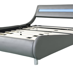 English Elm Faux Leather Upholstered Platform Bed Frame Queen with LED Remote Lighting, Curved Headboard, 600lb Limit W2297140906