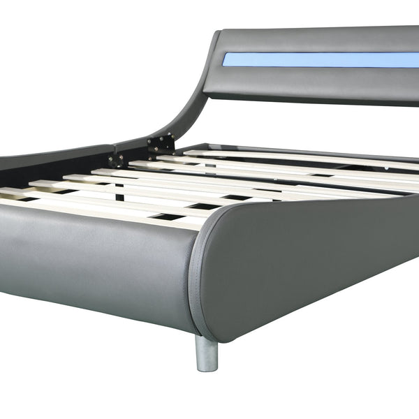 English Elm Faux Leather Upholstered Platform Bed Frame Queen with LED Remote Lighting, Curved Headboard, 600lb Limit W2297140906