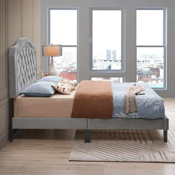 English Elm Upholstered Queen Platform Bed Gray Velvet with Button Tufted Curved Headboard, Sturdy 600LB Slats W2297140924