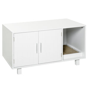 English Elm Wooden Hidden Cat Litter Box & End Table with Scratcher, Magnetic Doors, Storage Cabinet White W2225141101