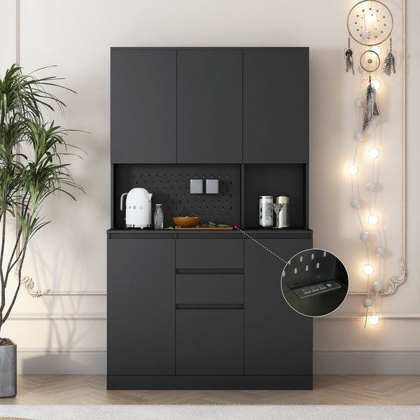 English Elm 74" Freestanding Buffet with Hutch - Black 6-Door Kitchen Pantry Cabinet, 3 Shelves, 2 Drawers, Multipurpose Storage for Laundry, Closet W1321S00005