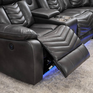 English Elm Ms Five Seat Power Reclining Sectional Faux Leather with Led Bluetooth Usb Charging Grey W1805S00185