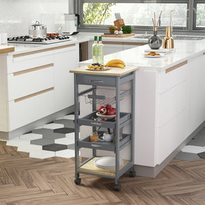English Elm Mobile Rolling Kitchen Island with Drawer, Slide-Out Wire Basket, Oak Grain Top, Smooth Casters, Compact Storage Cart W2225141199