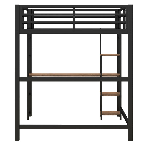 English Elm Full Size Metal Loft Bed with Built-in Desk & Shelves, Black — Space-Saving Study Station, Industrial Design, 250lb Capacity, Easy Assembly GX001116AAB-1