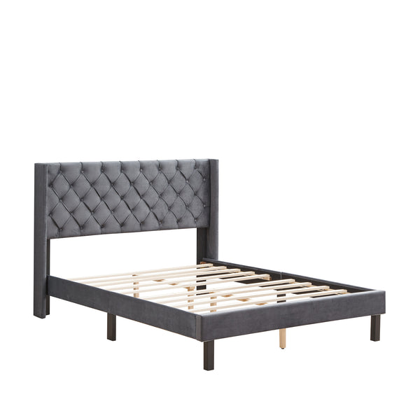 English Elm Velvet Queen Platform Bed Charcoal Gray — Button Tufted Winged Headboard, 600LB Slat Support, Easy Assembly W2297141187