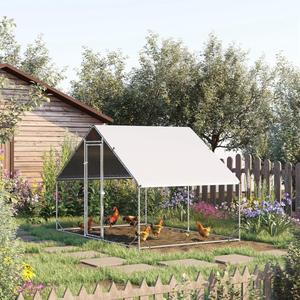 English Elm Metal Walk-in Galvanized Steel Chicken Coop Outdoor Poultry Run with Pe Roof Cover W2225141102