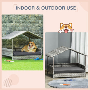 English Elm Wicker Outdoor Dog House with Canopy — Durable PE Rattan Elevated Bed, Water-Resistant Cushion Comfort White W2225141097