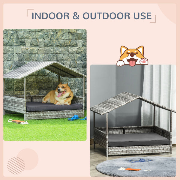 English Elm Wicker Outdoor Dog House with Canopy — Durable PE Rattan Elevated Bed, Water-Resistant Cushion Comfort White W2225141097