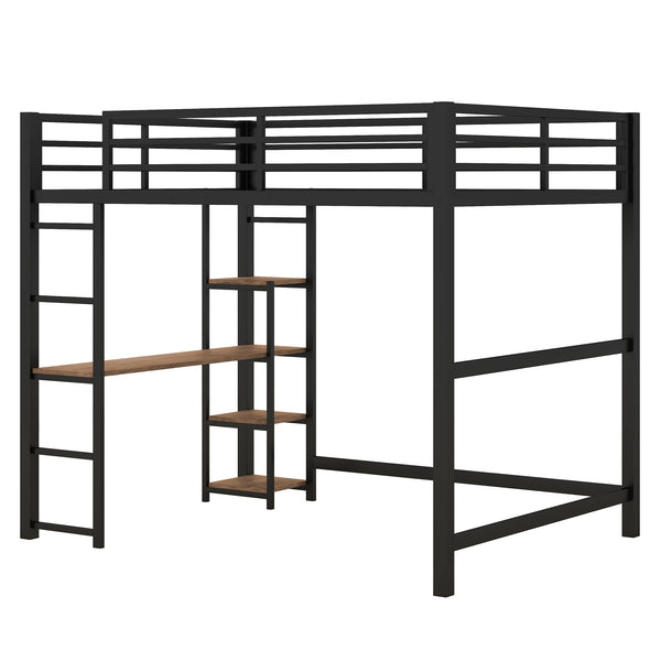 English Elm Full Size Metal Loft Bed with Built-in Desk & Shelves, Black — Space-Saving Study Station, Industrial Design, 250lb Capacity, Easy Assembly GX001116AAB-1