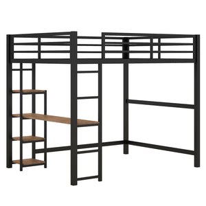 English Elm Full Size Metal Loft Bed with Built-in Desk & Shelves, Black — Space-Saving Study Station, Industrial Design, 250lb Capacity, Easy Assembly GX001116AAB-1