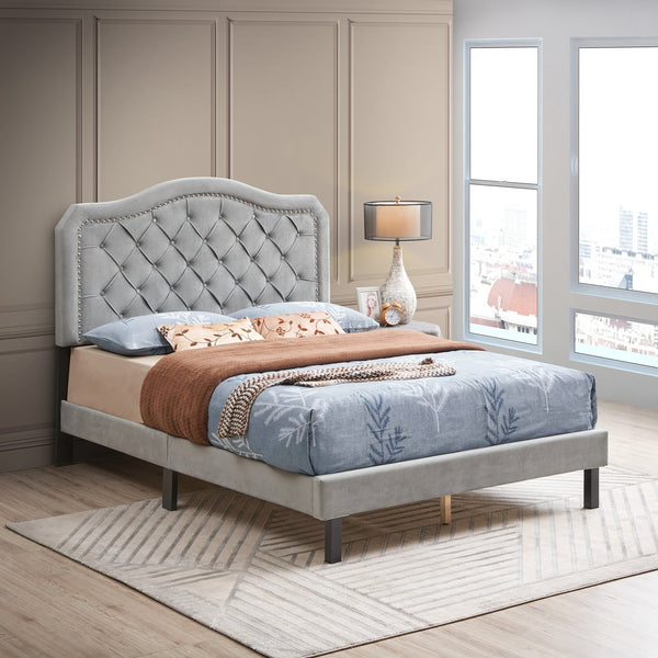 English Elm Upholstered Queen Platform Bed Gray Velvet with Button Tufted Curved Headboard, Sturdy 600LB Slats W2297140924