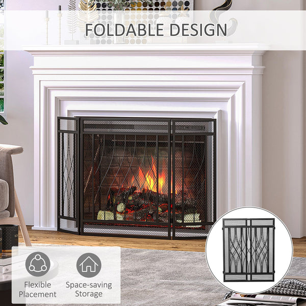English Elm 3-Panel Folding Fireplace Screen with Heavy-Duty Metal Mesh Spark Guard, Rust-Resistant Black 49.5" W2225141038