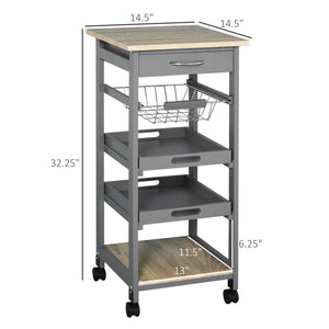 English Elm Mobile Rolling Kitchen Island with Drawer, Slide-Out Wire Basket, Oak Grain Top, Smooth Casters, Compact Storage Cart W2225141199