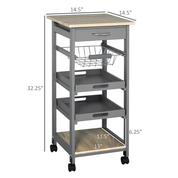 English Elm Mobile Rolling Kitchen Island with Drawer, Slide-Out Wire Basket, Oak Grain Top, Smooth Casters, Compact Storage Cart W2225141199