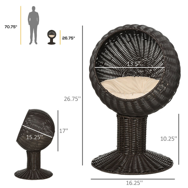 English Elm 27" Rattan Elevated Cat House with Plush Cushion, Two-Position Rotating Wicker Bed for Cats Cozy Hideaway W2225141096