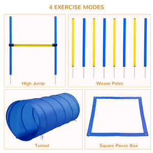 English Elm 4PC Dog Agility Training Set - Adjustable Jump, Tunnel, Pause Box & Weave Poles with Stakes, Durable Nylon W2225141107