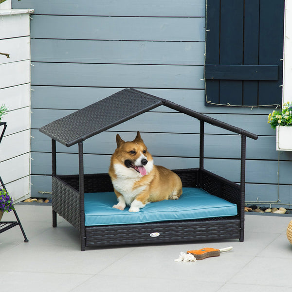 English Elm Wicker Outdoor Dog House with Canopy — Durable PE Rattan Elevated Bed, Water-Resistant Cushion Comfort Blue W2225141098