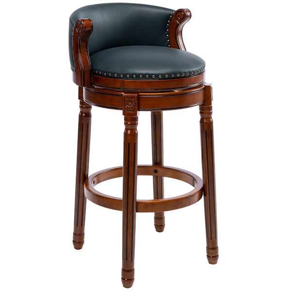 English Elm Seat 29.5'' Dark Blue Cowhide Leather Swivel Bar Stool With Wooden Frame – Stylish Comfort For Home W2195135486-GIGA