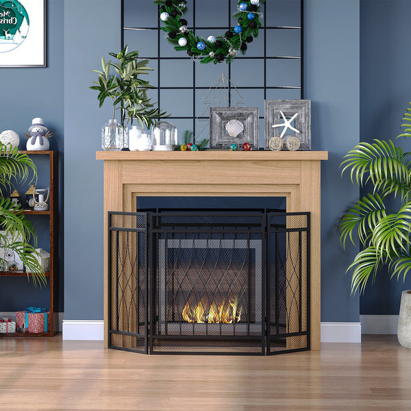 English Elm 3-Panel Folding Fireplace Screen with Heavy-Duty Metal Mesh Spark Guard, Rust-Resistant Black 49.5" W2225141038