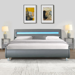 English Elm Faux Leather Upholstered Platform Bed Frame Queen with LED Remote Lighting, Curved Headboard, 600lb Limit W2297140906