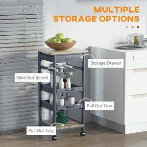 English Elm Mobile Rolling Kitchen Island with Drawer, Slide-Out Wire Basket, Oak Grain Top, Smooth Casters, Compact Storage Cart W2225141199