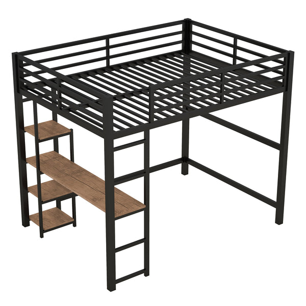 English Elm Full Size Metal Loft Bed with Built-in Desk & Shelves, Black — Space-Saving Study Station, Industrial Design, 250lb Capacity, Easy Assembly GX001116AAB-1