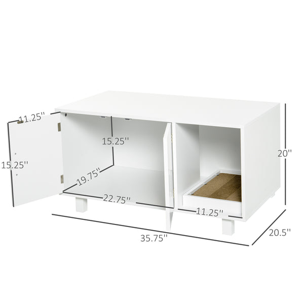 English Elm Wooden Hidden Cat Litter Box & End Table with Scratcher, Magnetic Doors, Storage Cabinet White W2225141101